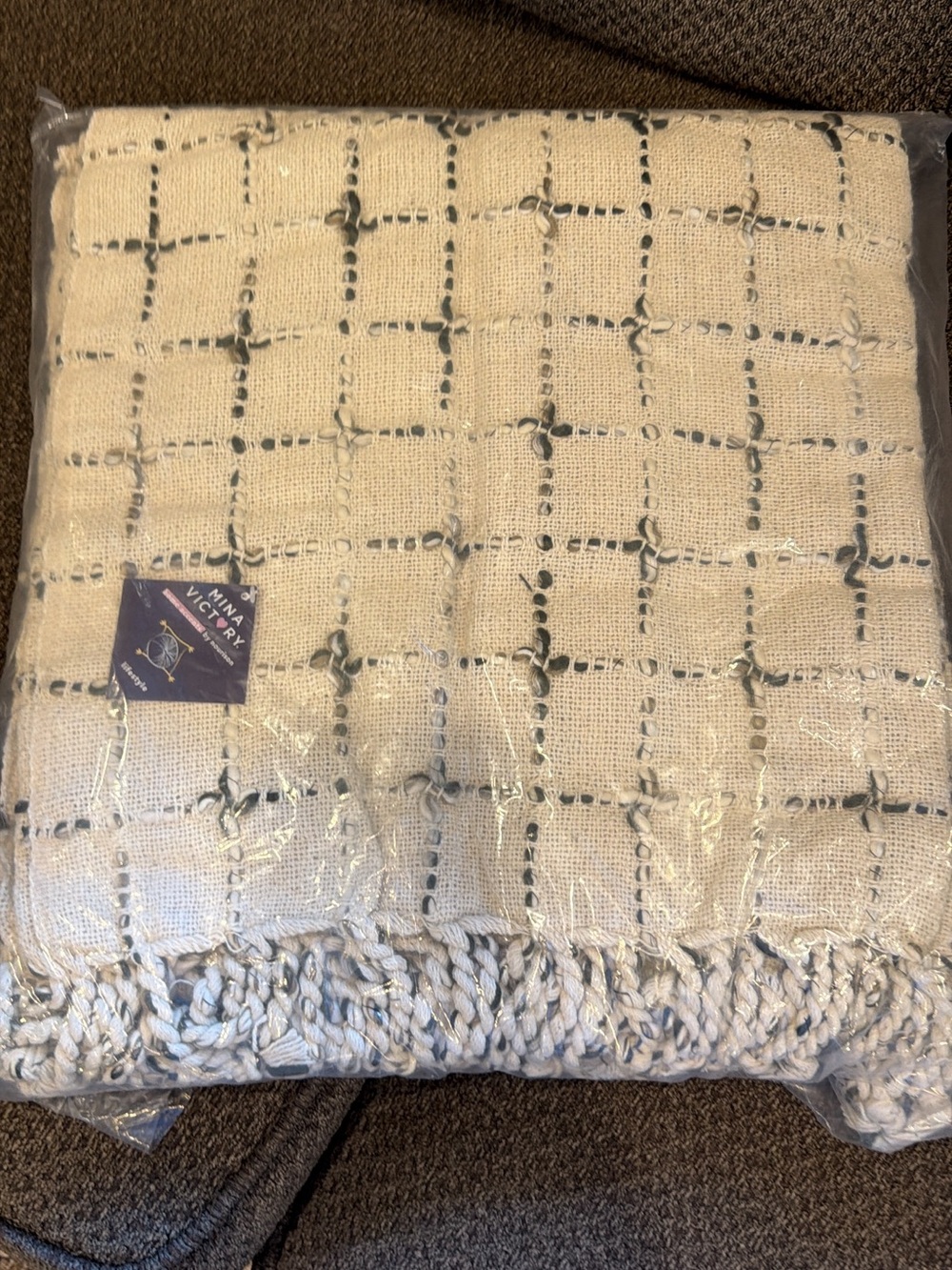 Cream Waffle Weave with greens Throw Blanket